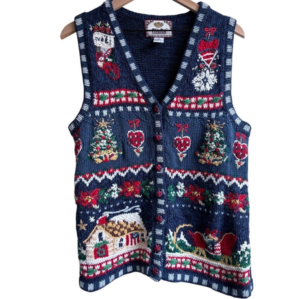 Vintage Tiara International Ugly Christmas Sweater Vest M Granny Cozy Novelty